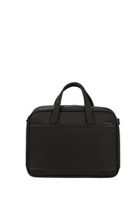Schwarze Laptoptasche aus strukturiertem Stoff, ausgestattet mit zwei Tragegriffen, einem Reißverschluss und einer Fronttasche für zusätzlichen Stauraum.