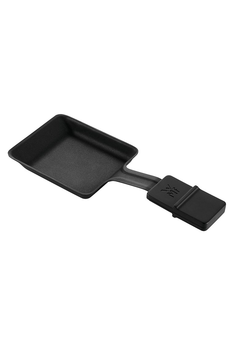 Schwarze gusseiserne mini Bratpfanne mit flacher rechteckiger Form und langem Griff, ausgestattet mit einer strukturierten Oberfläche und einem markierten Griffakzent.