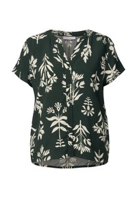 Blusa corta verde scuro con maniche a breve, bottoni e stampe botaniche color crema, con scollo rotondo e un piccolo taglio a V.