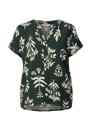 Blusa corta verde scuro con maniche a breve, bottoni e stampe botaniche color crema, con scollo rotondo e un piccolo taglio a V.