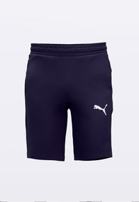 Pantalones cortos deportivos Puma en tela azul marino oscuro, con cinturilla elástica y un logo blanco en la pierna izquierda. Textura suave, diseño hasta la rodilla.