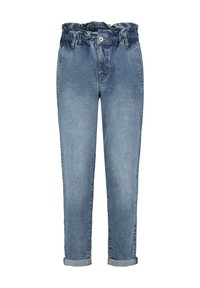 Hellblaue Denim-Jeans mit lockerer Passform, umgeschlagenen Säumen, elastischem Bund und Knopfverschluss. Glatte Textur mit subtilen Verblassungsdetails.