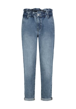 Light blue denim jeans with a relaxed fit, rolled cuffs, elastic waistband, and button closure. Smooth texture with subtle fading details.