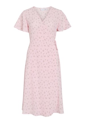 Light pink wrap dress with small brown floral pattern, short flutter sleeves, and V-neckline, midi length with side tie closure.