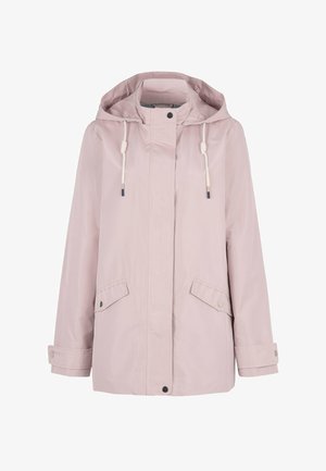 Jasnoróżowa kurtka przeciwdeszczowa z kapturem, zapinana z przodu na zatrzaski, z dwoma skośnymi kieszeniami z patkami, paskami na mankietach z zatrzaskami oraz białymi sznurkami przy kapturze.