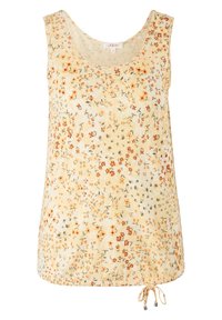 Haut sans manches jaune clair avec petit motif floral orange, rouge et blanc et détail à cordon au bas.