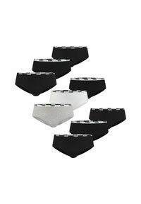 Neun Puma-unterhosen in schwarz, weiß und grau, in einem verstreuten Muster auf einem weißen Hintergrund angeordnet.