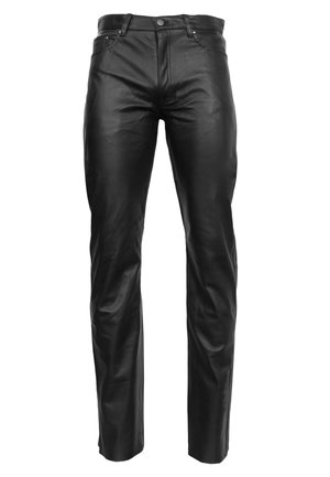 Schwarze Lederhosen mit glatter Textur, geradem Bein Design, Fronttaschen und einem Knopfverschluss an der Taille.
