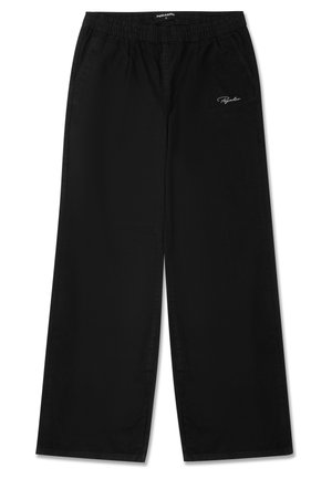 Black, wide-leg trousers in durable fabric with an elastic waistband. Features subtle logo embroidery on the front left side.