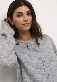 Svetlo siva cardigan jakna iz mehkega pletenega materiala. Ima gumbasto zapiranje in dekorativne okraske okoli izreza. Dolgi rokavi.