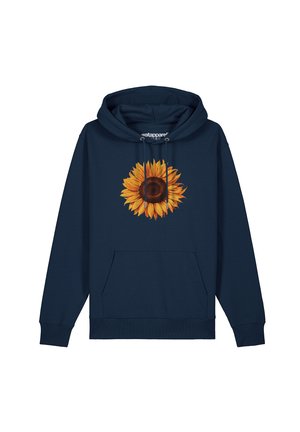 Navyblauwe hoodie gemaakt van zachte stof, met een grote zonnebloemafbeelding op de voorkant, met een centrale donkere zadenkern en gele bloemblaadjes.