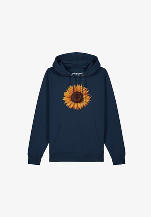 Dunkelblaues Hoodie aus weichem Material, mit einem großen Sonnenblumenmotiv auf der Vorderseite, das einen zentralen dunklen Samenkern und gelbe Blütenblätter zeigt.