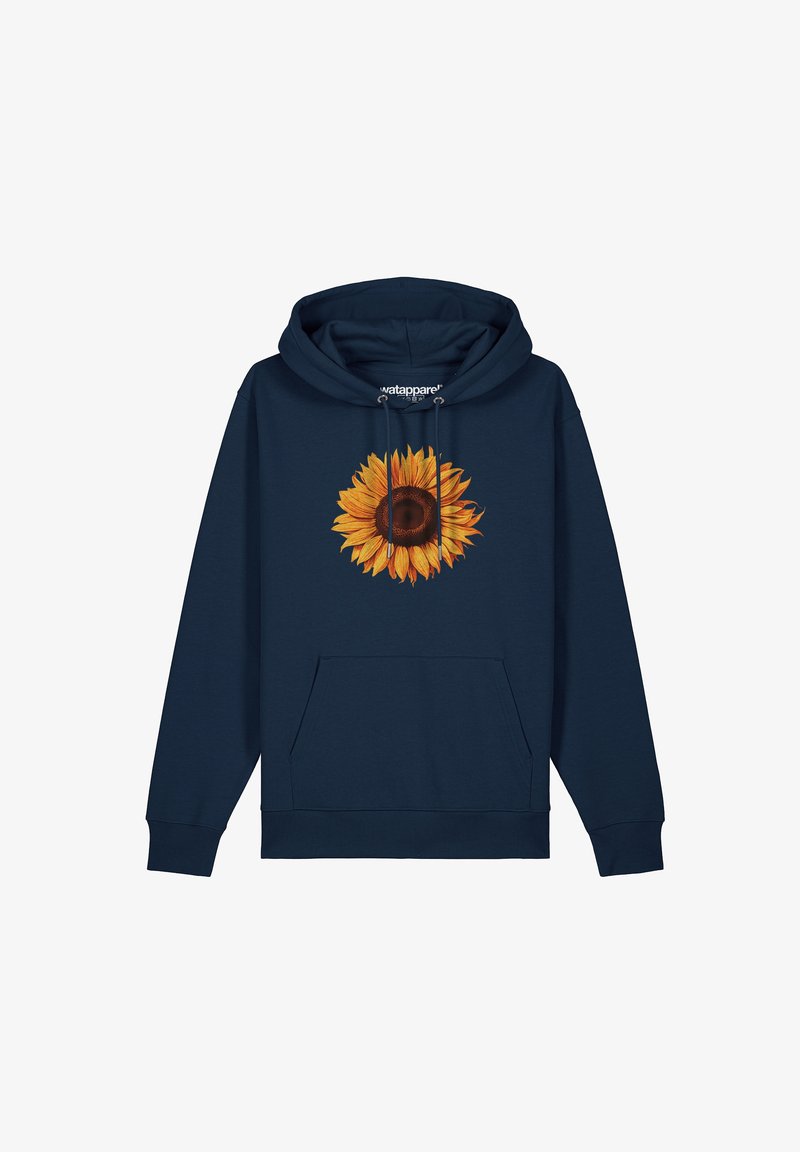 Navyblauwe hoodie gemaakt van zachte stof, met een grote zonnebloemafbeelding op de voorkant, met een centrale donkere zadenkern en gele bloemblaadjes.