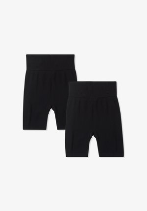 Pantaloni corti in cotone ribbed neri con vita elasticizzata e lunghezza a metà coscia, con un design a orlo aperto e una consistenza liscia.
