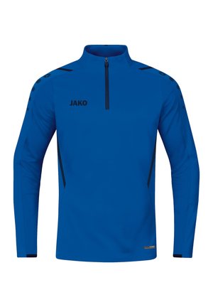 Sudadera azul deportiva con cremallera y mangas largas, hecha de tejido que absorbe la humedad. Presenta detalles en negro y el logo "JAKO" en la parte frontal.