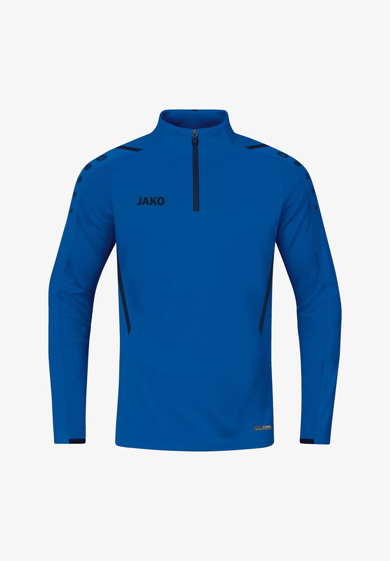 Haut zippé bleu de sport avec des manches longues, fabriqué en tissu évacuant l'humidité. Présente des accents noirs et le logo "JAKO" sur le devant.