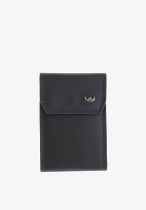 Portefeuille en cuir noir avec fermeture à rabat et petit emblème argenté ailé dans le coin supérieur droit, vue avant visible.