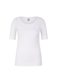 Bílý krátký rukáv tričko vyrobené z měkké látky, s kulatým výstřihem, přiléhavým střihem a decentním logem blízko lemu.