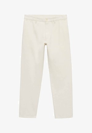 Pantaloni cropped color crema realizzati in cotone, con chiusura zip, bottone e due tasche laterali. Design semplice con gamba dritta.