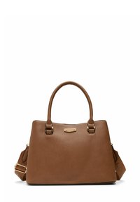 Brown leather handbag with a textured finish, structured shape, dual handles, and a detachable shoulder strap. Features gold-tone hardware.