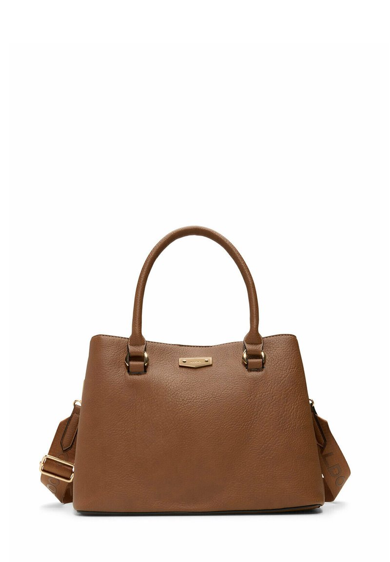 Brown leather handbag with a textured finish, structured shape, dual handles, and a detachable shoulder strap. Features gold-tone hardware.