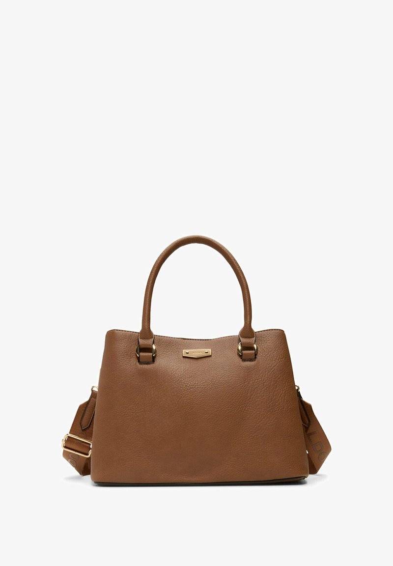 Ruskea nahkalaukku, jossa on teksturoitu pinta, tukeva muoto, kaksoiskahvat ja irrotettava olkahihna. Varustettu kultasävyisellä metalliosalla.