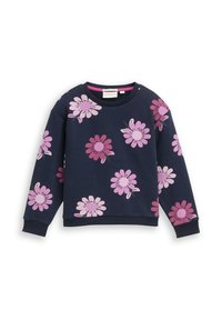 Marineblauwe sweatshirt met grote roze en paarse bloempatronen, ronde halslijn en lange mouwen. Gemaakt van een zachte stof.