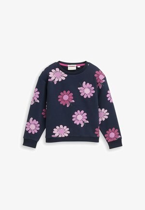 Maglione navy con ampi motivi floreali in rosa e viola, scollatura rotonda e maniche lunghe. Realizzato in un tessuto morbido.