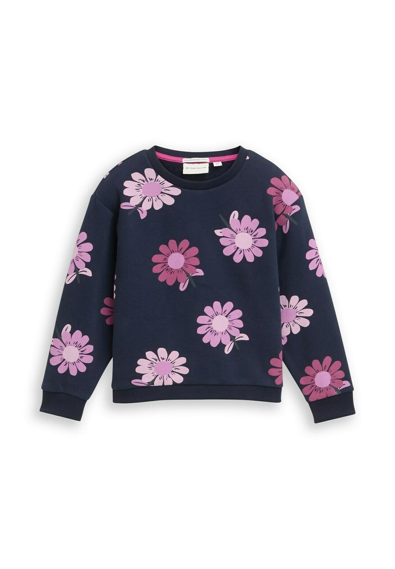 Marineblauwe sweatshirt met grote roze en paarse bloempatronen, ronde halslijn en lange mouwen. Gemaakt van een zachte stof.