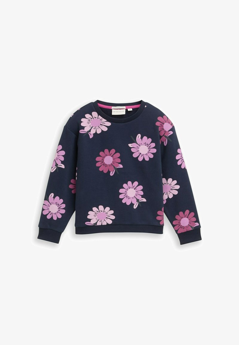Navy sweatshirt with large pink and purple flower patterns, round neckline, and long sleeves. Made from a soft textile.
