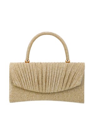 Gylden glitrende clutchpung med en plisseret frontklap og et matchende rundt håndtag fastgjort med guldfarvet hardware.