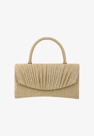 Gouden glinsterende clutch met een geplooide voorklep en een bijpassende afgeronde handgreep bevestigd met gouden beslag.