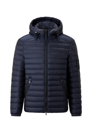 Marineblaue Steppjacke mit Reißverschluss, Kapuze und seitlichen Taschen. Verfügt über ein horizontal gestepptes Muster und verstellbare Kordeln an der Kapuze.