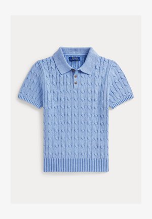 Light blue short-sleeve polo shirt with cable knit texture, three brown buttons at the collar, and ribbed hem and sleeve cuffs.