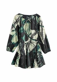 Juoda suknelė su ilgomis rankovėmis, puošta lapinės žalios spalvos raštu, elastingu kaklu, raišteliu liemeniui ir platėjančio sijono dizainu.