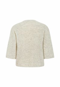Texturierter cremefarbener Pullover mit lockerem Schnitt, kurzen Ärmeln und Rundhalsausschnitt. Die Rückseite zeigt ein dezentes Muster und weiches Strickmaterial.