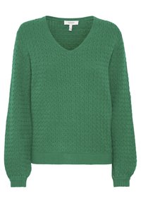 Grüner Strickpullover mit V-Ausschnitt, langen Ärmeln, strukturiertem Muster und gerippten Bündchen und Saum. Das Material wirkt weich und gemütlich.