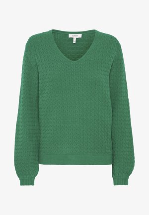 Pull en maille vert avec col en V, manches longues, motif texturé et bord-côtes aux poignets et à l'ourlet. Le matériau semble doux et confortable.
