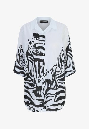 Weißes Hemd mit Kragen, verziert mit einem schwarzen Tiermuster, das Elefanten zeigt. Kurzärmel mit umgeschlagenen Manschetten, lockere Passform, aus Baumwollmaterial.