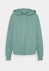 Turquoise hoodie van zacht, gestructureerd materiaal. Voorzien van een capuchon met trekkoord, lange mouwen en een relaxed model met geribde boorden.
