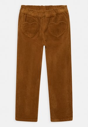Brune børnecordbukser med elastisk talje og to hjerteformede baglommer, lige ben.