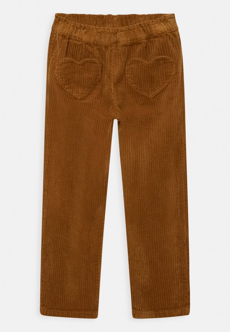 Pantalon pour enfants en velours côtelé marron avec taille élastique et deux poches arrière en forme de cœur, coupe droite.
