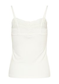 Camisole blanche à fines bretelles, présentant une délicate dentelle au niveau du col. Fabriquée en tissu lisse et extensible, avec une coupe ajustée.