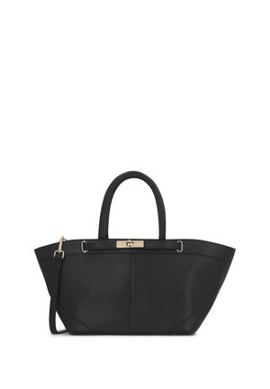 Mustast nahast käekott struktuurse kujuga, sileda tekstuuri ja kahe käepidemega; sellel on kuldne klamber ja eemaldatav õlarihm.