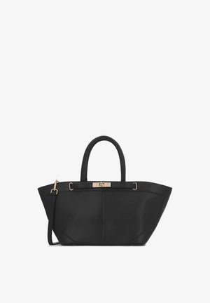 Geantă tote din piele neagră cu formă structurată, textură netedă și două mânere; dispune de o închizătoare aurie și o curea de umăr detașabilă.