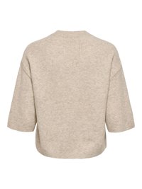 Pull en maille beige à manches courtes avec col rond et poignets et bas côtelés, vu de dos.