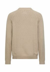 Beżowy sweter dziany z okrągłym dekoltem, długimi raglanowymi rękawami oraz ściągaczami na mankietach i dole. Gładka faktura z delikatnym wzorem splotu.
