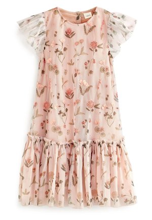 Robe rose clair pour tout-petit avec imprimé floral, manches transparentes à volants et ourlet froncé à volants.