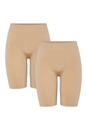 Twee naadloze beige high-waist biker shorts met brede geribde taillebanden, ontworpen voor nauwsluitend comfort en ondersteuning.