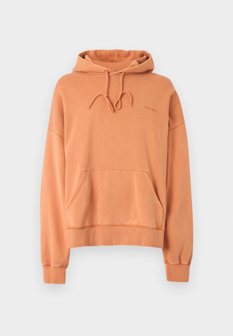Narančasta pamučna majica s kapuljačom, s prednjim džepom, vezicom za kapuljaču i rebrastim manžetama. Ima ležeran, oversized kroj i suptilni logo na prsima.